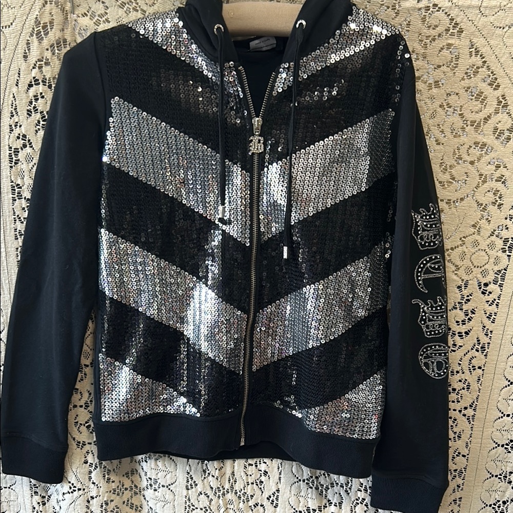 BCBG MAXAZRIA Sequin Black and Silver knit Jacket